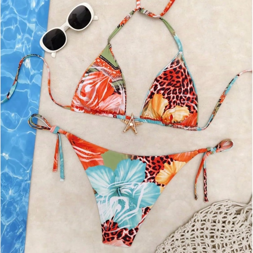 String Bikini Set Women's SMALL Two Piece Metal Starfish Leopard Floral NEW